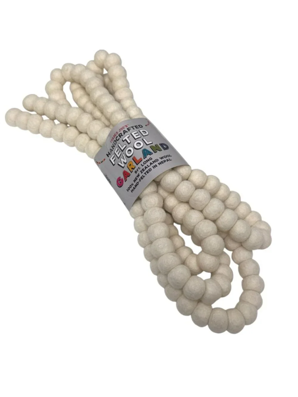 Trader Joe's Felted Wool Garland 9 ft White Cream Rustic Farmhouse Holiday Decor